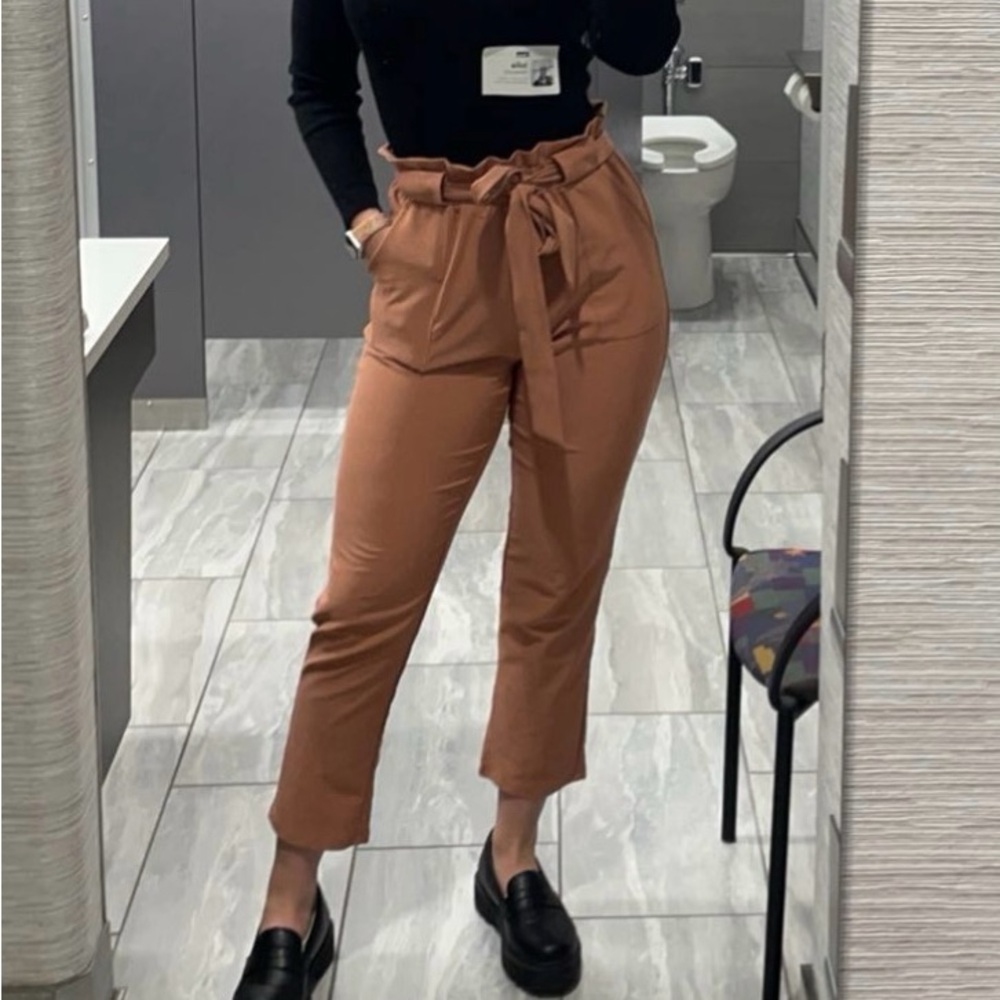 Tan High-Waisted Cropped Trousers with Tie Waist